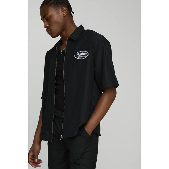 boohooMAN Oversized Zip Through Black Soft Twill Homme Graphic Shirt XL NEW - Picture 1 of 9